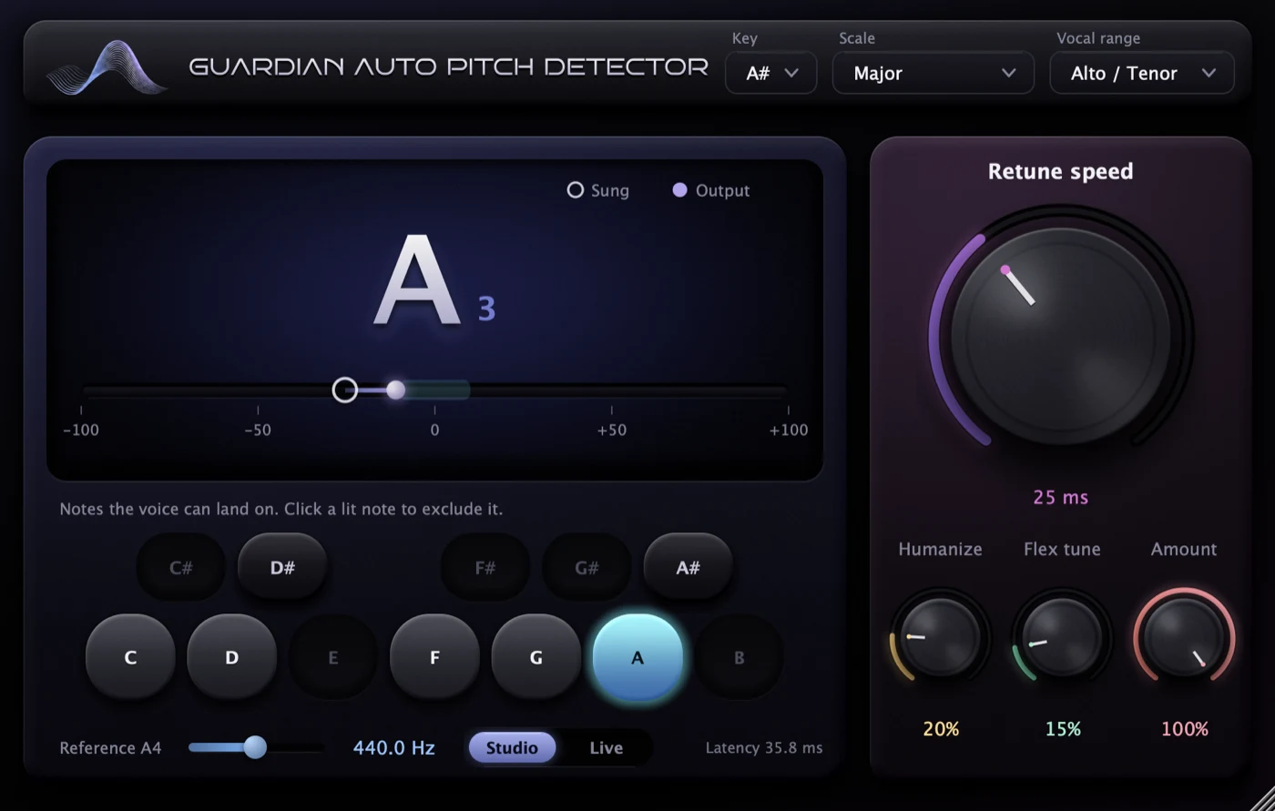 Guardian Auto Pitch Detector interface