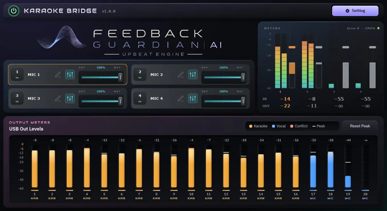 Guardian Karaoke Bridge running with live meters
